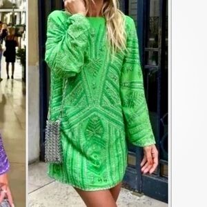 Zara Green Sequined Deep V Short Tunic Dress, S/M